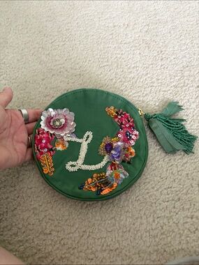 Anthropologie Green Embellished Round Clutch with Tassel